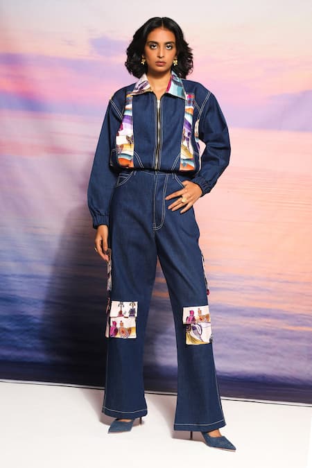 ANANYA AGRAWAL LABEL Blue Chanderi Printed Abstract Collar Leher Bomber Jacket With Cargo Pant 