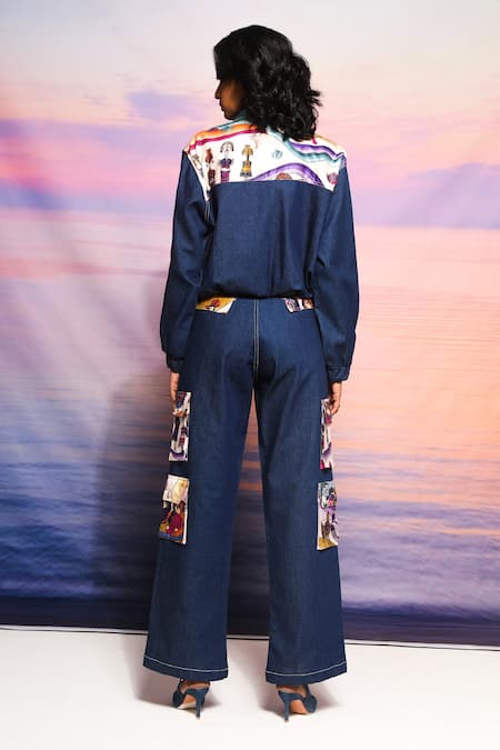 Ananya Agrawal Label Blue Printed Bomber Jacket & Cargo Pant Set 