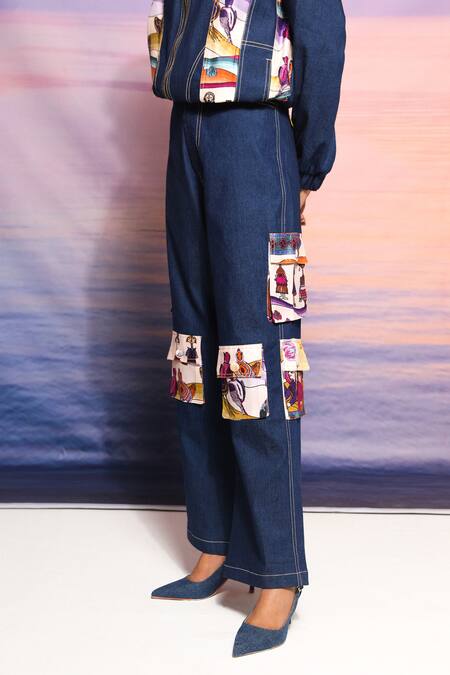 Buy_Ananya Agrawal Label_Blue Denim Collared Printed Bomber Jacket And Cargo Pant Set _Online_at_Aza_Fashions