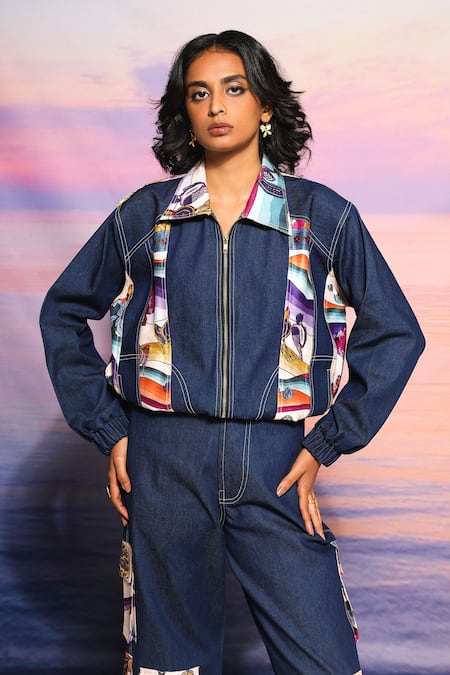 Shop_Ananya Agrawal Label_Blue Denim Collared Printed Bomber Jacket And Cargo Pant Set _Online_at_Aza_Fashions