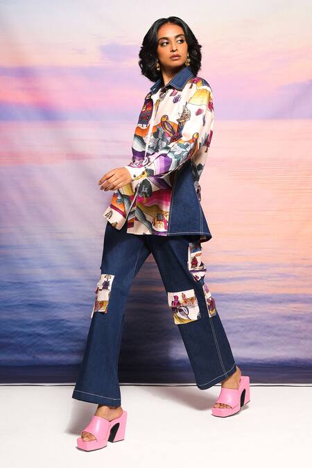 Ananya Agrawal Label_Beige Chanderi, Denim Patchwork Collared Abstract Printed Shirt And Cargo Pant Set _Online_at_Aza_Fashions