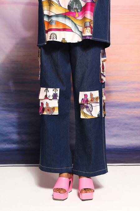 Buy_Ananya Agrawal Label_Beige Chanderi, Denim Patchwork Collared Abstract Printed Shirt And Cargo Pant Set _Online_at_Aza_Fashions