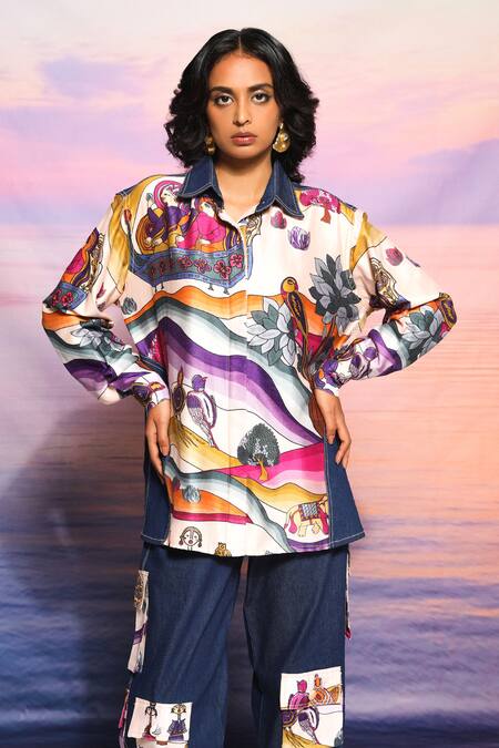 Shop_Ananya Agrawal Label_Beige Chanderi, Denim Patchwork Collared Abstract Printed Shirt And Cargo Pant Set _Online_at_Aza_Fashions
