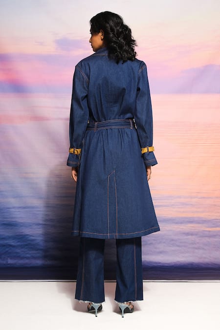 Shop_Ananya Agrawal Label_Blue Chanderi Printed Abstract Notched Lapel Denim Trench Coat _at_Aza_Fashions