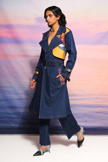 Ananya Agrawal Label_Blue Chanderi Printed Abstract Notched Lapel Denim Trench Coat _Online_at_Aza_Fashions