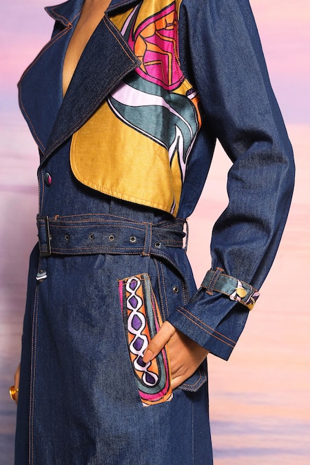 Buy_Ananya Agrawal Label_Blue Chanderi Printed Abstract Notched Lapel Denim Trench Coat _Online_at_Aza_Fashions