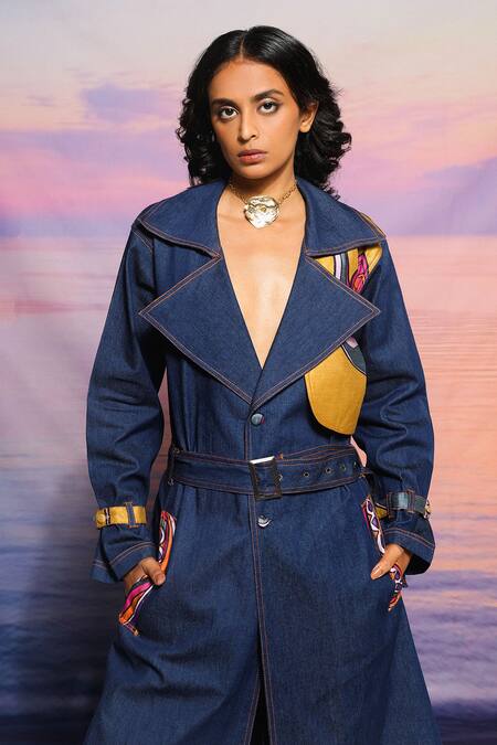 Shop_Ananya Agrawal Label_Blue Chanderi Printed Abstract Notched Lapel Denim Trench Coat _Online_at_Aza_Fashions