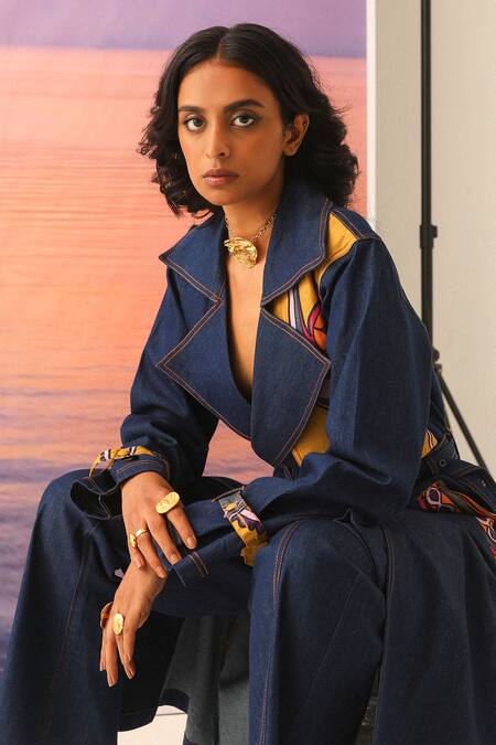 Ananya Agrawal Label_Blue Chanderi Printed Abstract Notched Lapel Denim Trench Coat _at_Aza_Fashions