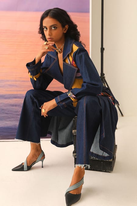 Buy_Ananya Agrawal Label_Blue Chanderi Printed Abstract Notched Lapel Denim Trench Coat 