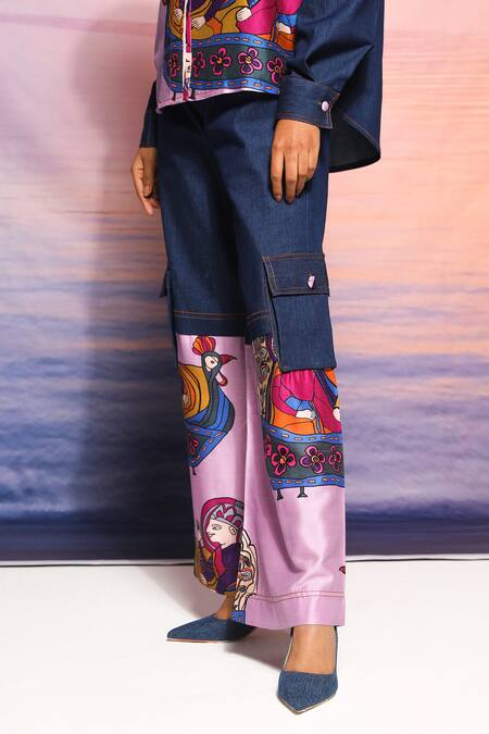 Buy_Ananya Agrawal Label_Purple Chanderi, Denim Collared Raja Rani Print Shirt And Pant Set _Online_at_Aza_Fashions