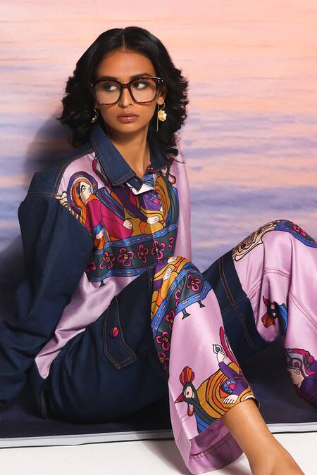 Ananya Agrawal Label_Purple Chanderi, Denim Collared Raja Rani Print Shirt And Pant Set _at_Aza_Fashions