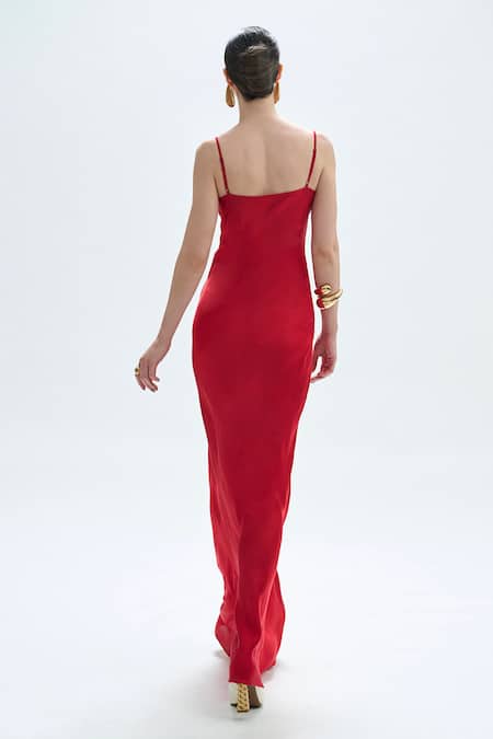 Shop_Aroka_Red Modal, Satin Cowl Neck Dress _at_Aza_Fashions