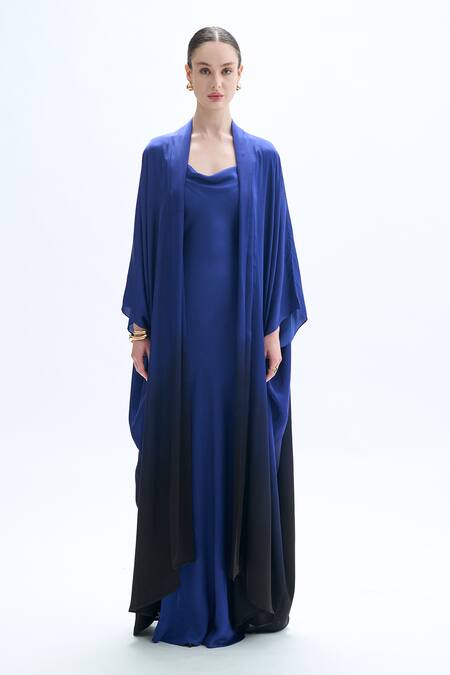 Aroka_Blue Modal Satin Plain Open Front Ombre Kimono Style Overlay _Online_at_Aza_Fashions