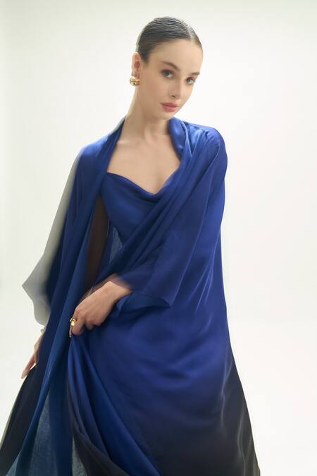Aroka_Blue Modal Satin Plain Open Front Ombre Kimono Style Overlay _at_Aza_Fashions