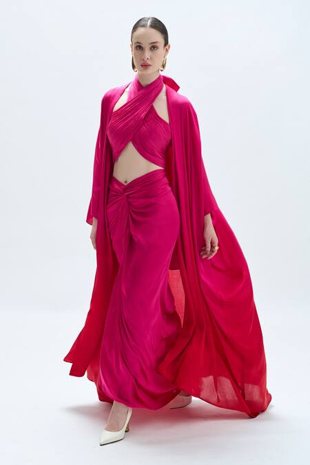 Shop Aroka Pink Modal, Satin Open Neck Ombre Luna Kimono Overlay Online at Aza Fashions Shop_Aroka_Pink Modal, Satin Open Neck Ombre Luna Kimono Overlay_Online_at_Aza_Fashions