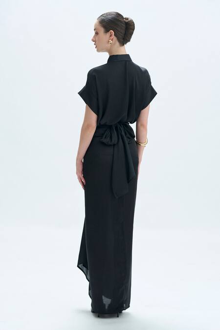 Shop_Aroka_Black Modal Satin Plain Collar Kimono Styled Shirt _at_Aza_Fashions