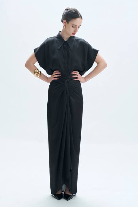 Aroka_Black Modal Satin Plain Collar Kimono Styled Shirt _Online_at_Aza_Fashions