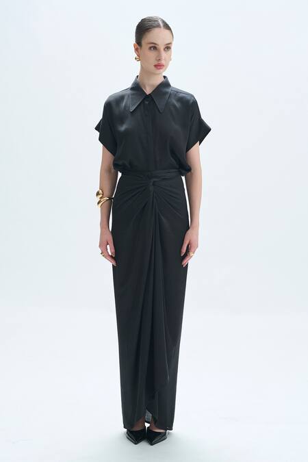 Buy_Aroka_Black Modal Satin Plain Collar Kimono Styled Shirt _Online_at_Aza_Fashions