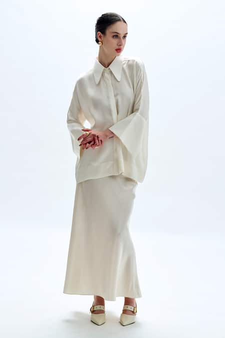 Aroka_Ivory Modal, Satin Collared Kimono Styled Shirt_Online_at_Aza_Fashions