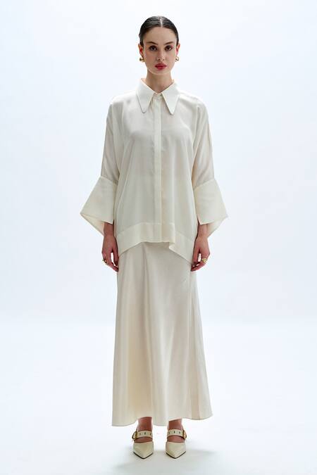 Buy_Aroka_Ivory Modal, Satin Collared Kimono Styled Shirt_Online_at_Aza_Fashions