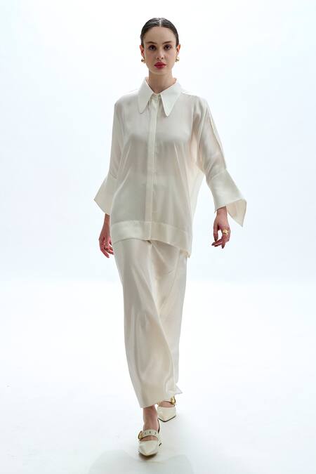 Shop_Aroka_Ivory Modal, Satin Collared Kimono Styled Shirt_Online_at_Aza_Fashions