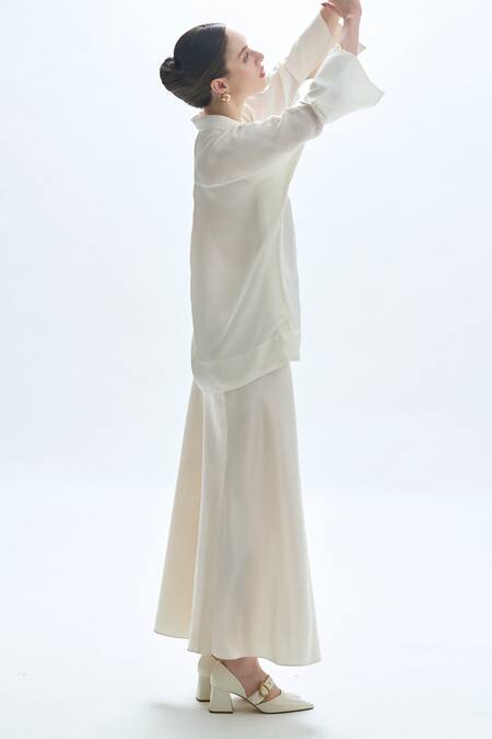 Aroka_Ivory Modal, Satin Collared Kimono Styled Shirt_at_Aza_Fashions