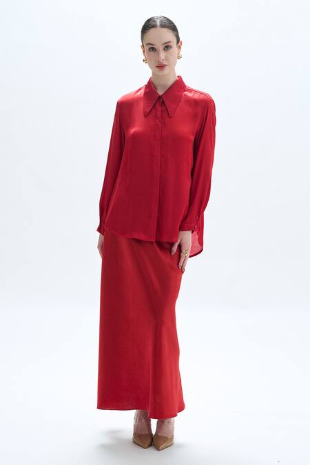 Aroka_Red Modal Satin Plain Collar Classic High-low Hem Shirt _Online_at_Aza_Fashions