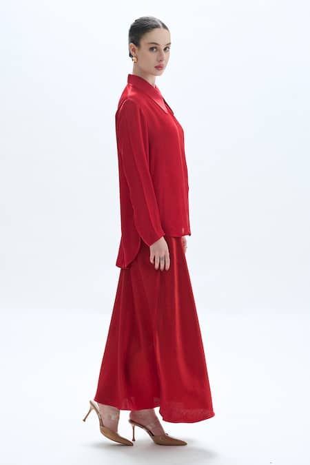 Buy_Aroka_Red Modal Satin Plain Collar Classic High-low Hem Shirt _Online_at_Aza_Fashions