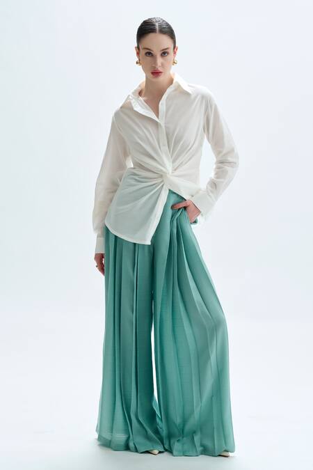Aroka_White Modal Satin Plain Collar Twist Shirt _Online_at_Aza_Fashions