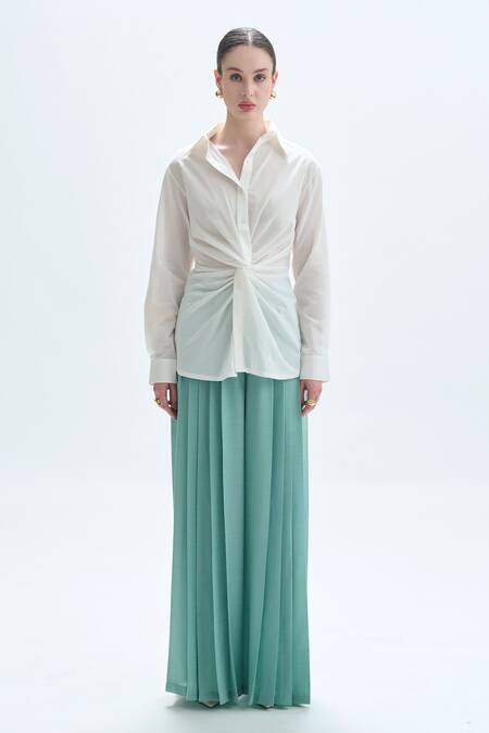 Buy_Aroka_White Modal Satin Plain Collar Twist Shirt _Online_at_Aza_Fashions