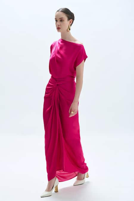 Aroka_Pink Modal, Satin Draped Multiway Skirt _Online_at_Aza_Fashions