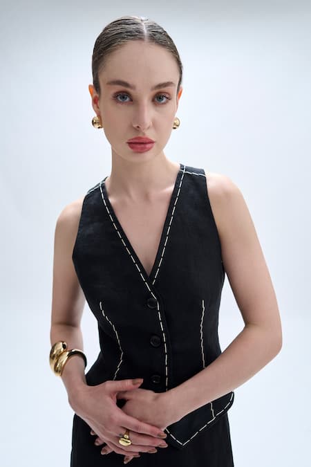 Aroka Bearer Black Linen Waistcoat 