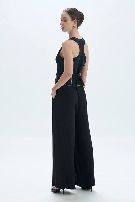 Shop Aroka Black Linen Embroidery V-neck Waistcoat at Aza Fashions Shop_Aroka_Black Linen Embroidery V-neck Waistcoat_at_Aza_Fashions
