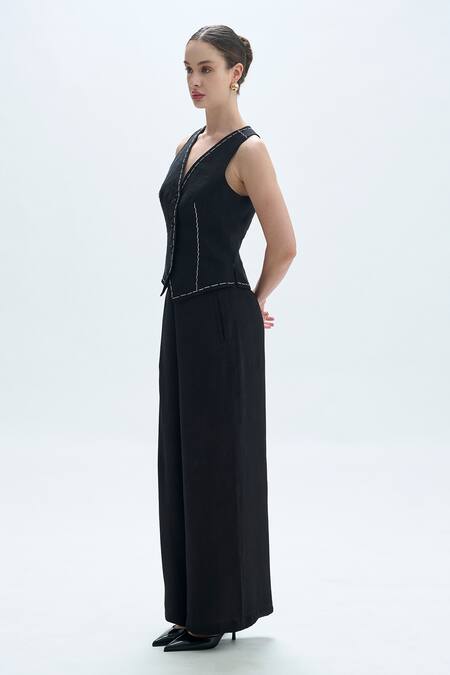 Aroka Black Linen Embroidery V-neck Waistcoat Online at Aza Fashions Aroka_Black Linen Embroidery V-neck Waistcoat_Online_at_Aza_Fashions