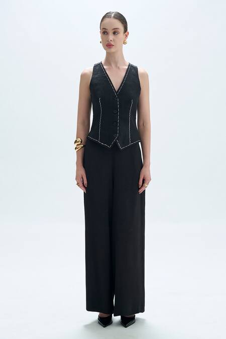 Buy Aroka Black Linen Embroidery V-neck Waistcoat Online at Aza Fashions Buy_Aroka_Black Linen Embroidery V-neck Waistcoat_Online_at_Aza_Fashions
