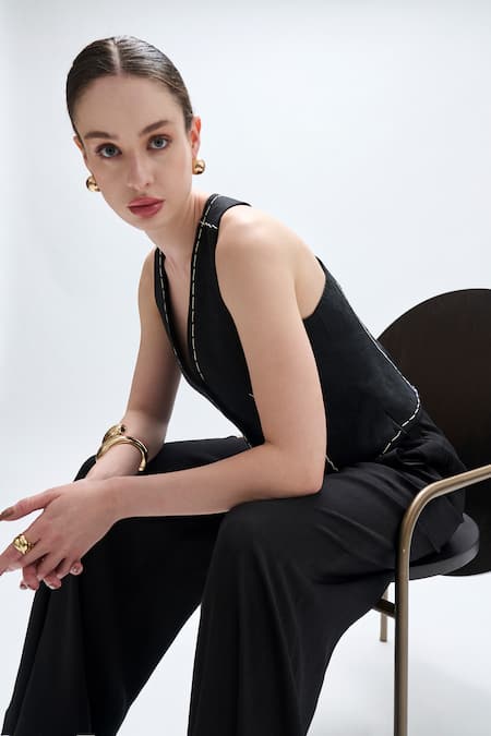 Shop Aroka Black Linen Embroidery V-neck Waistcoat Online at Aza Fashions Shop_Aroka_Black Linen Embroidery V-neck Waistcoat_Online_at_Aza_Fashions