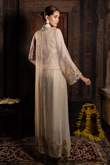 Shop Farha Syed Ivory Chanderi Silk, Organza Beads, Cut Floral Embroidered Kurta Palazzo Set at Aza Fashions Shop_Farha Syed_Ivory Chanderi Silk, Organza Beads, Cut Floral Embroidered Kurta Palazzo Set _at_Aza_Fashions