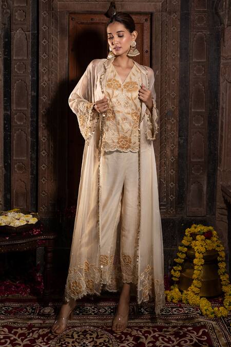 Farha Syed Ivory Chanderi Silk, Organza Beads, Cut Floral Embroidered Kurta Palazzo Set Online at Aza Fashions Farha Syed_Ivory Chanderi Silk, Organza Beads, Cut Floral Embroidered Kurta Palazzo Set _Online_at_Aza_Fashions