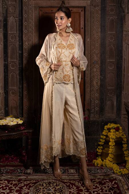 Buy Farha Syed Ivory Chanderi Silk, Organza Beads, Cut Floral Embroidered Kurta Palazzo Set Online at Aza Fashions Buy_Farha Syed_Ivory Chanderi Silk, Organza Beads, Cut Floral Embroidered Kurta Palazzo Set _Online_at_Aza_Fashions