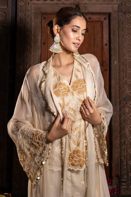 Shop Farha Syed Ivory Chanderi Silk, Organza Beads, Cut Floral Embroidered Kurta Palazzo Set Online at Aza Fashions Shop_Farha Syed_Ivory Chanderi Silk, Organza Beads, Cut Floral Embroidered Kurta Palazzo Set _Online_at_Aza_Fashions