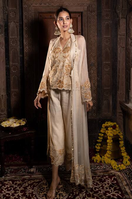 Farha Syed Ivory Chanderi Silk, Organza Beads, Cut Floral Embroidered Kurta Palazzo Set at Aza Fashions Farha Syed_Ivory Chanderi Silk, Organza Beads, Cut Floral Embroidered Kurta Palazzo Set _at_Aza_Fashions