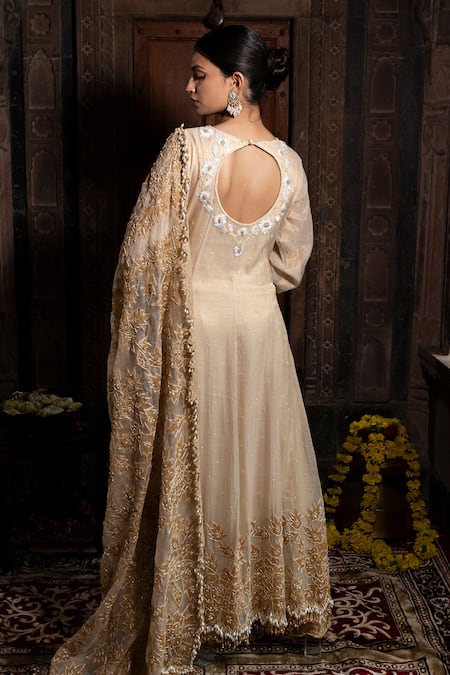 Shop_Farha Syed_Ivory Chanderi Silk, Organza Cut Work, Beads, Floral Hand Lehenga Set _at_Aza_Fashions