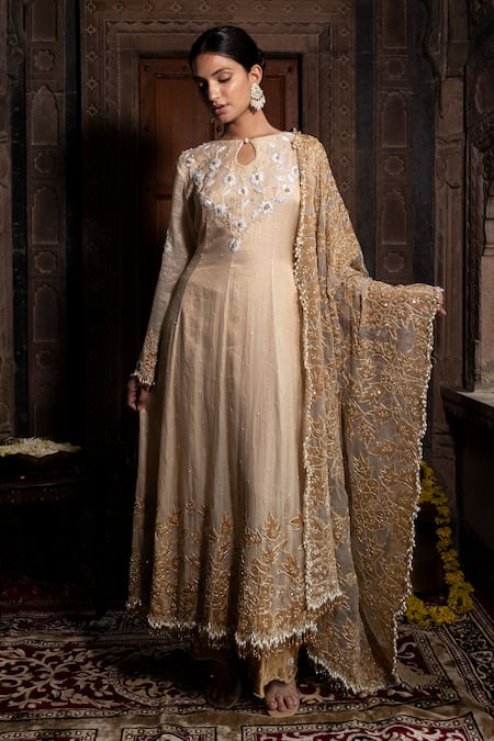 Farha Syed_Ivory Chanderi Silk, Organza Cut Work, Beads, Floral Hand Lehenga Set _Online_at_Aza_Fashions