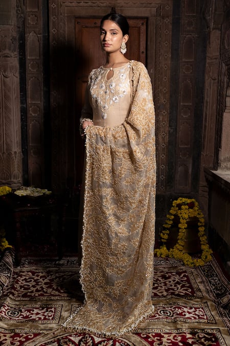 Buy_Farha Syed_Ivory Chanderi Silk, Organza Cut Work, Beads, Floral Hand Lehenga Set _Online_at_Aza_Fashions