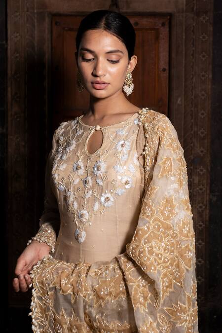 Shop_Farha Syed_Ivory Chanderi Silk, Organza Cut Work, Beads, Floral Hand Lehenga Set _Online_at_Aza_Fashions