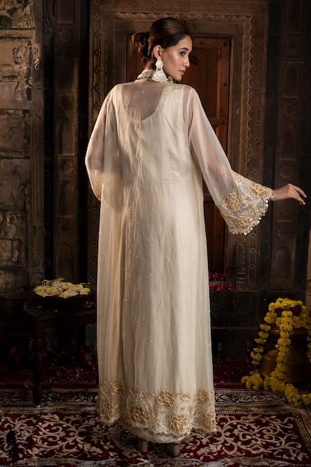 Shop_Farha Syed_Ivory Chanderi Silk, Organza Beads, Cut Work Floral Applique Kurta Sharara Set _at_Aza_Fashions