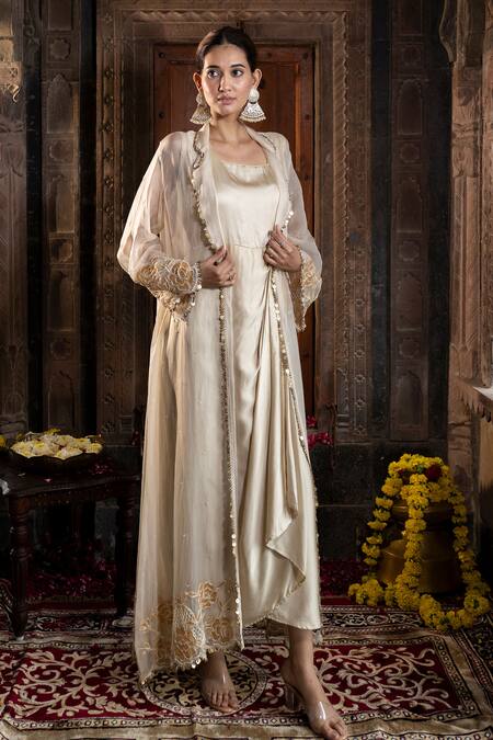 Farha Syed_Ivory Chanderi Silk, Organza Beads, Cut Work Floral Applique Kurta Sharara Set _Online_at_Aza_Fashions