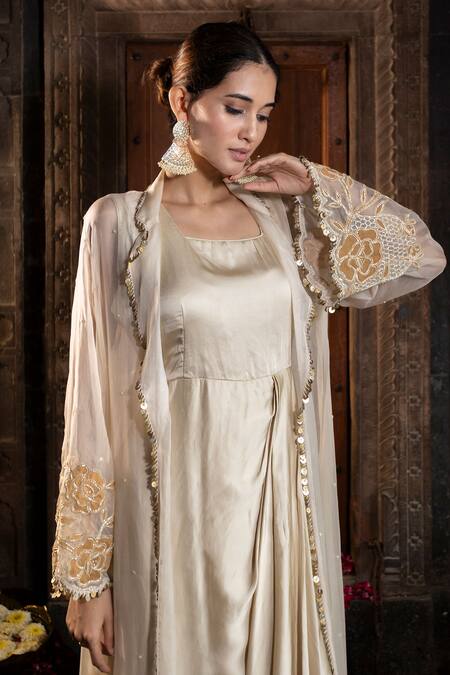 Shop_Farha Syed_Ivory Chanderi Silk, Organza Beads, Cut Work Floral Applique Kurta Sharara Set _Online_at_Aza_Fashions