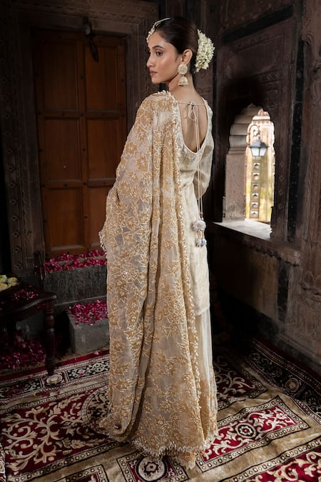 Shop_Farha Syed_Ivory Chanderi Silk, Organza Applique, Beads, Floral Kurta Sharara Set _at_Aza_Fashions