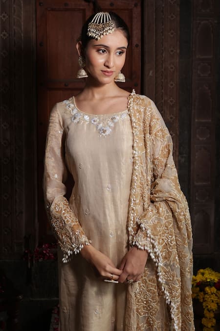 Farha Syed_Ivory Chanderi Silk, Organza Applique, Beads, Floral Kurta Sharara Set _Online_at_Aza_Fashions